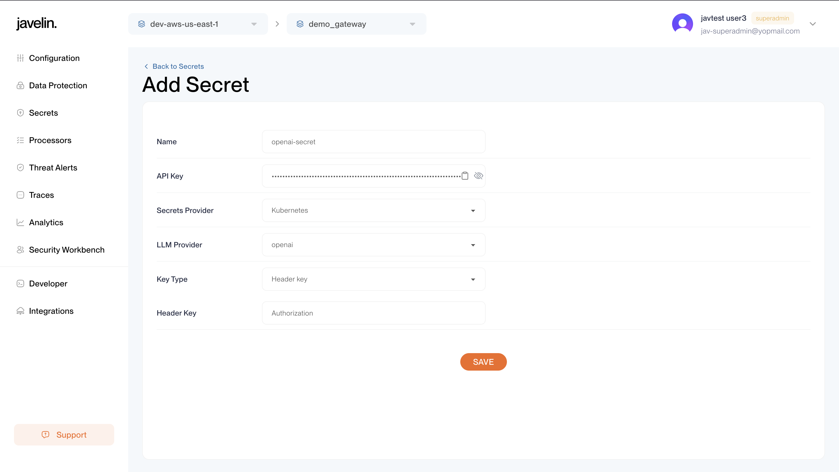 Add Secrets page