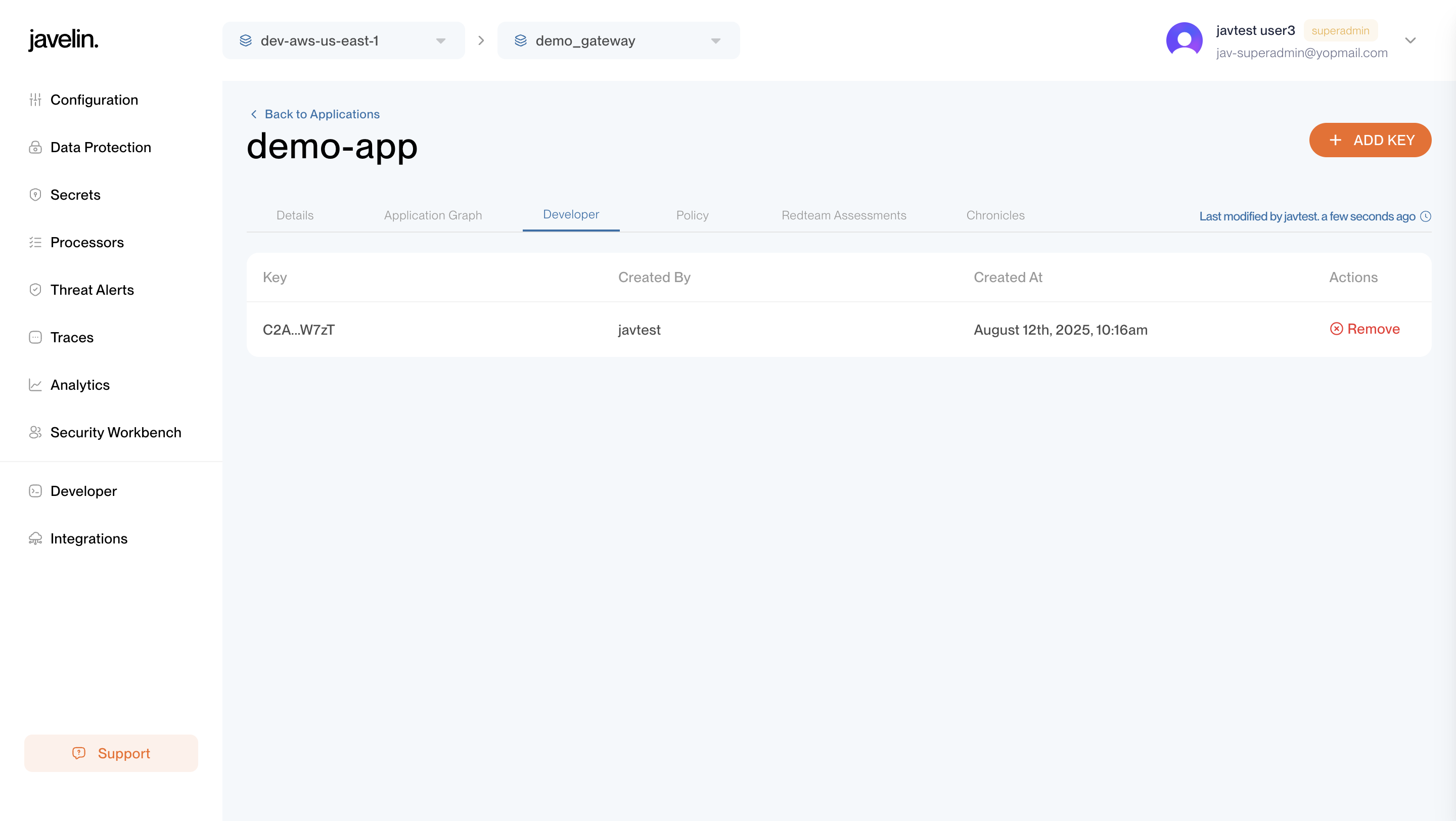 Developer Tab - Add Key Modal